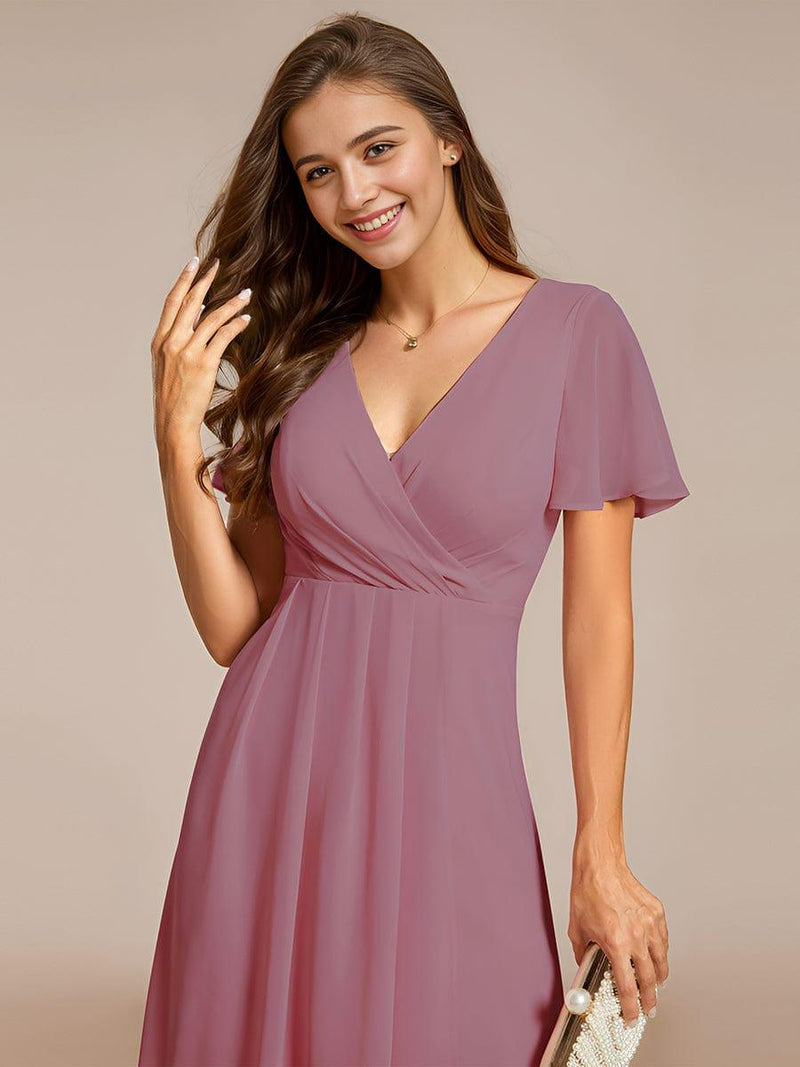 ever LARK|Ruffles Sleeve Pleated V-Neck A-Line Midi Chiffon Wedding Guest Dress
