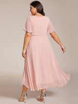 ever LARK|Ruffles Sleeve Pleated V-Neck A-Line Midi Chiffon Wedding Guest Dress