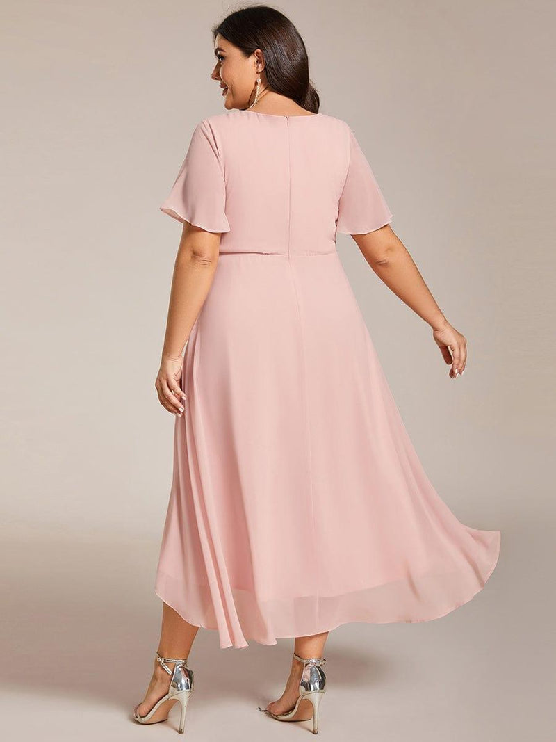 ever LARK|Ruffles Sleeve Pleated V-Neck A-Line Midi Chiffon Wedding Guest Dress