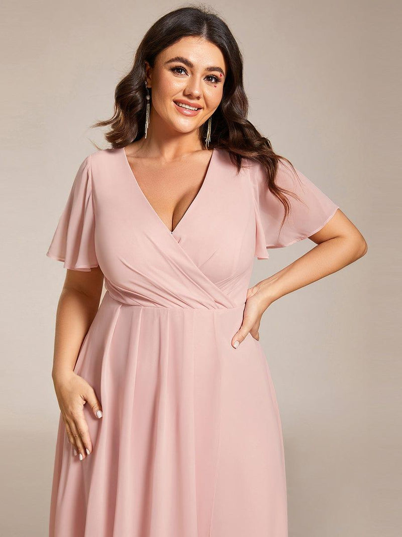 ever LARK|Ruffles Sleeve Pleated V-Neck A-Line Midi Chiffon Wedding Guest Dress