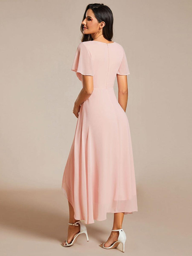ever LARK|Ruffles Sleeve Pleated V-Neck A-Line Midi Chiffon Wedding Guest Dress