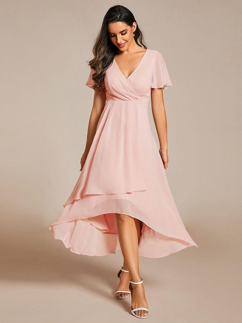 ever LARK|Ruffles Sleeve Pleated V-Neck A-Line Midi Chiffon Wedding Guest Dress