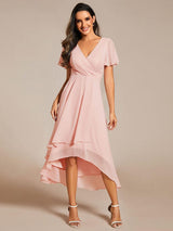 ever LARK|Ruffles Sleeve Pleated V-Neck A-Line Midi Chiffon Wedding Guest Dress
