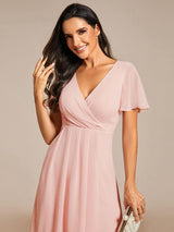 ever LARK|Ruffles Sleeve Pleated V-Neck A-Line Midi Chiffon Wedding Guest Dress