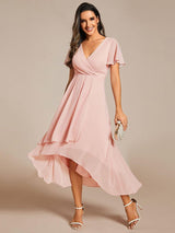 ever LARK|Ruffles Sleeve Pleated V-Neck A-Line Midi Chiffon Wedding Guest Dress