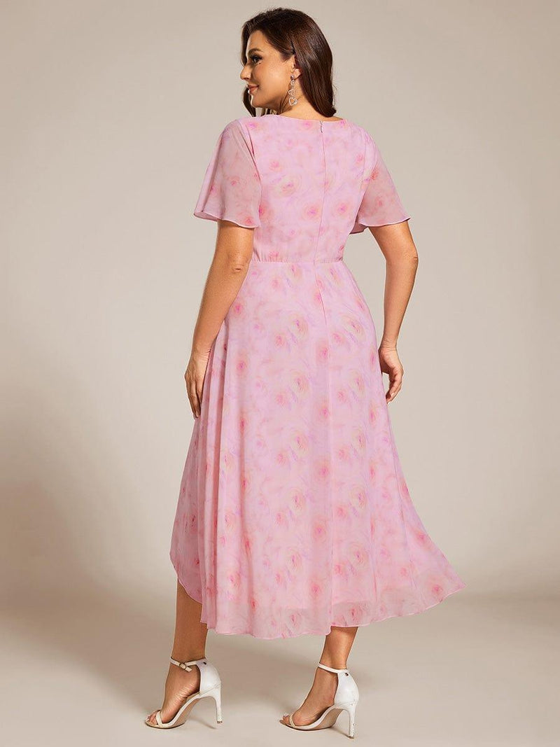 ever LARK|Ruffles Sleeve Pleated V-Neck A-Line Midi Chiffon Wedding Guest Dress
