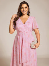 ever LARK|Ruffles Sleeve Pleated V-Neck A-Line Midi Chiffon Wedding Guest Dress