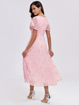 ever LARK|Ruffles Sleeve Pleated V-Neck A-Line Midi Chiffon Wedding Guest Dress