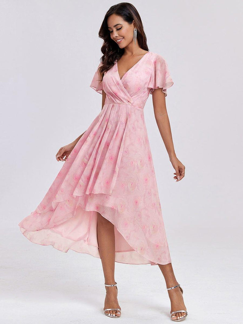 ever LARK|Ruffles Sleeve Pleated V-Neck A-Line Midi Chiffon Wedding Guest Dress