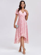 ever LARK|Ruffles Sleeve Pleated V-Neck A-Line Midi Chiffon Wedding Guest Dress