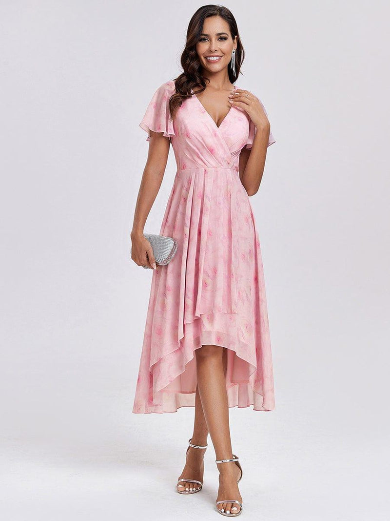 ever LARK|Ruffles Sleeve Pleated V-Neck A-Line Midi Chiffon Wedding Guest Dress