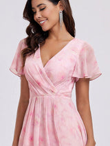 ever LARK|Ruffles Sleeve Pleated V-Neck A-Line Midi Chiffon Wedding Guest Dress