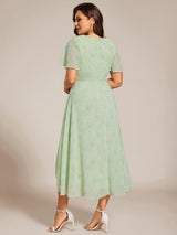 ever LARK|Ruffles Sleeve Pleated V-Neck A-Line Midi Chiffon Wedding Guest Dress