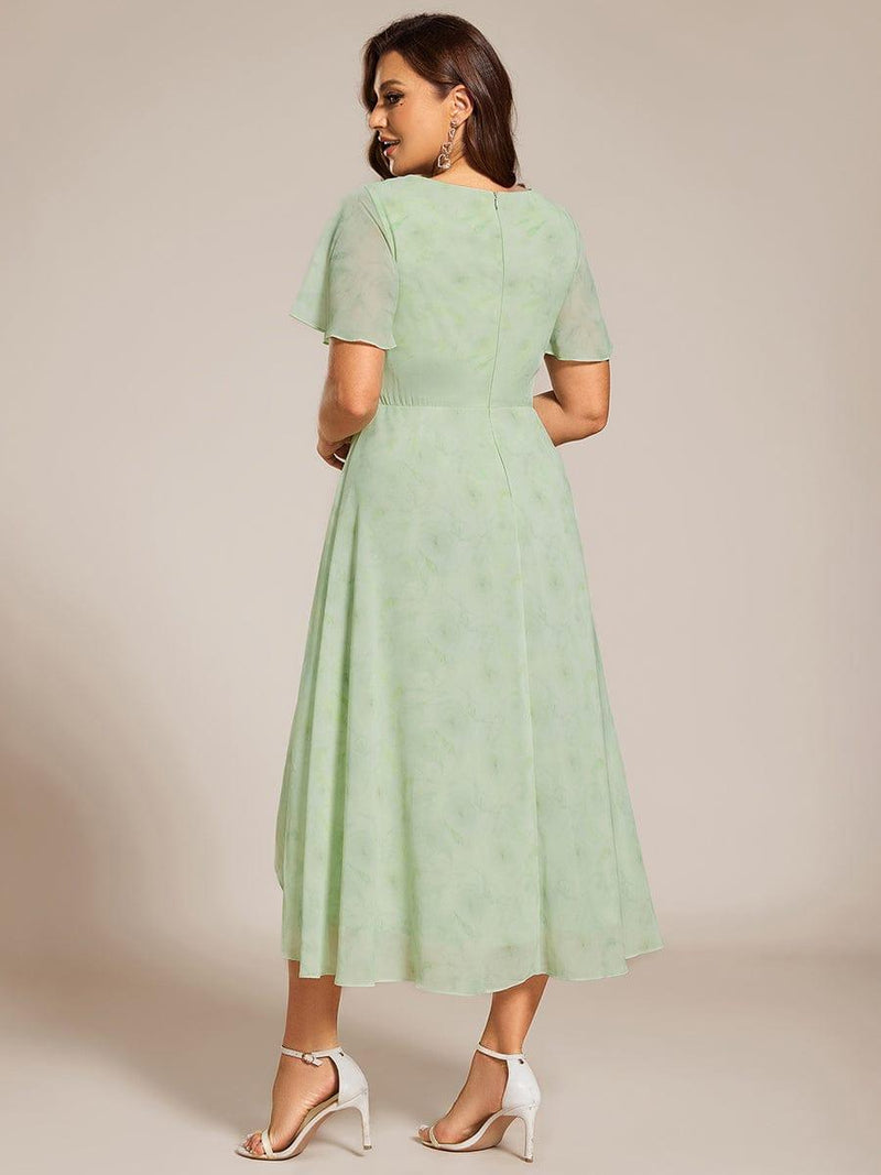 ever LARK|Ruffles Sleeve Pleated V-Neck A-Line Midi Chiffon Wedding Guest Dress