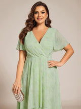 ever LARK|Ruffles Sleeve Pleated V-Neck A-Line Midi Chiffon Wedding Guest Dress