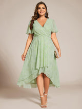 ever LARK|Ruffles Sleeve Pleated V-Neck A-Line Midi Chiffon Wedding Guest Dress
