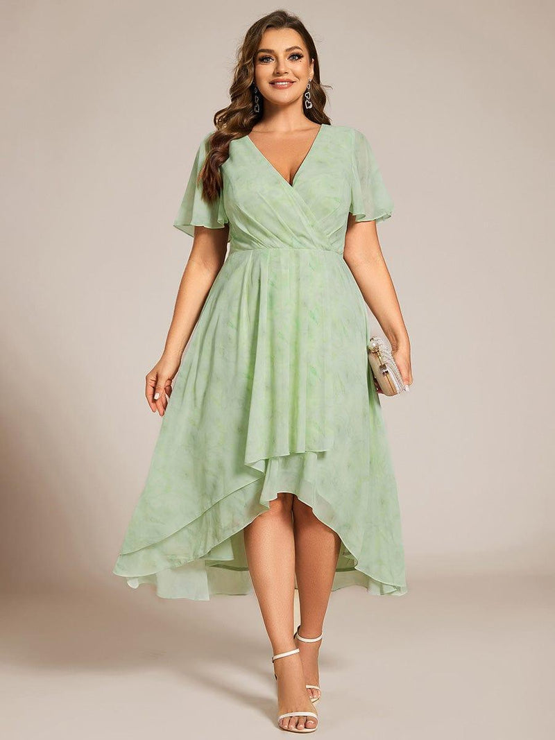ever LARK|Ruffles Sleeve Pleated V-Neck A-Line Midi Chiffon Wedding Guest Dress