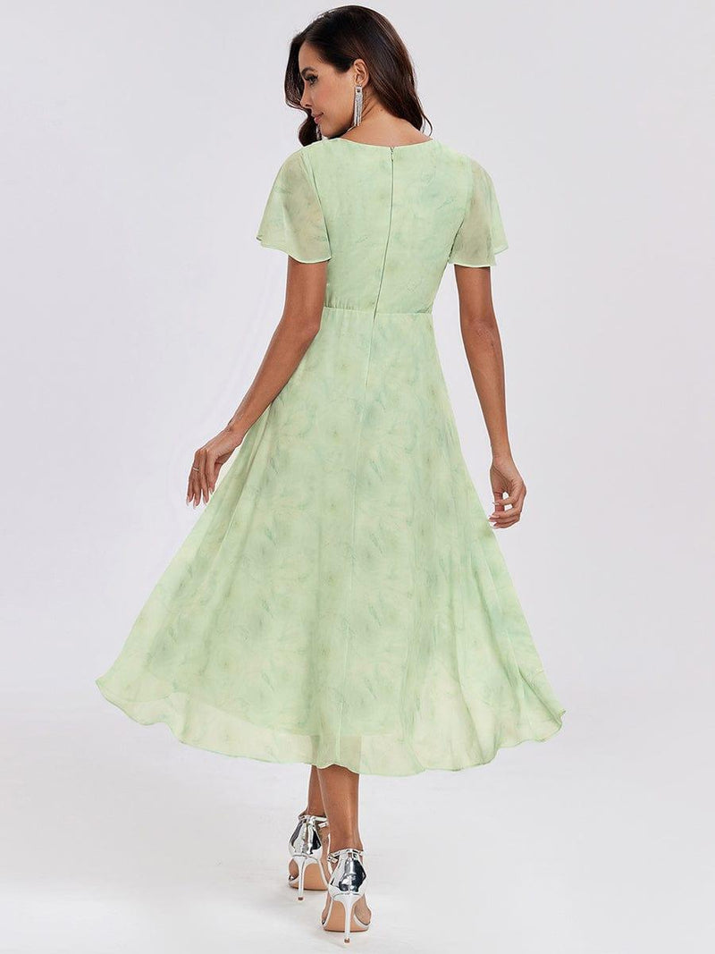 ever LARK|Ruffles Sleeve Pleated V-Neck A-Line Midi Chiffon Wedding Guest Dress