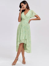 ever LARK|Ruffles Sleeve Pleated V-Neck A-Line Midi Chiffon Wedding Guest Dress