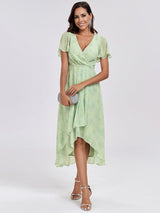 ever LARK|Ruffles Sleeve Pleated V-Neck A-Line Midi Chiffon Wedding Guest Dress