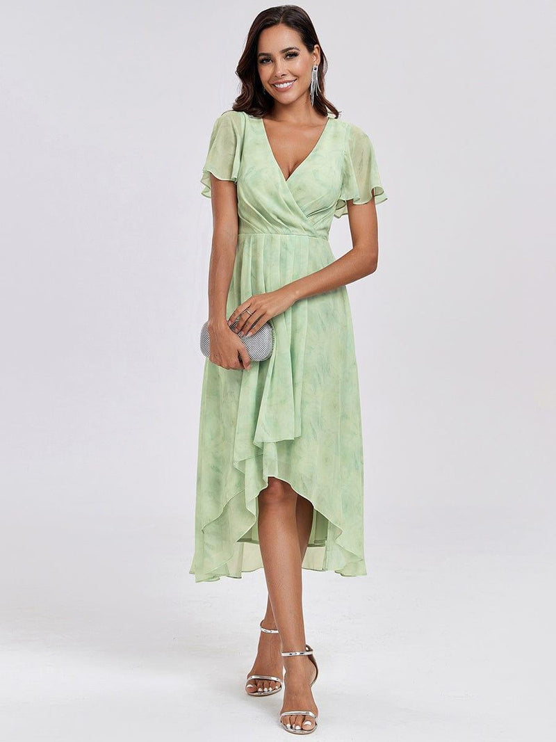 ever LARK|Ruffles Sleeve Pleated V-Neck A-Line Midi Chiffon Wedding Guest Dress