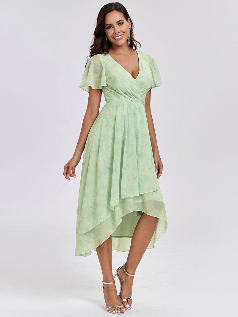ever LARK|Ruffles Sleeve Pleated V-Neck A-Line Midi Chiffon Wedding Guest Dress