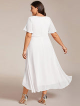 ever LARK|Ruffles Sleeve Pleated V-Neck A-Line Midi Chiffon Wedding Guest Dress