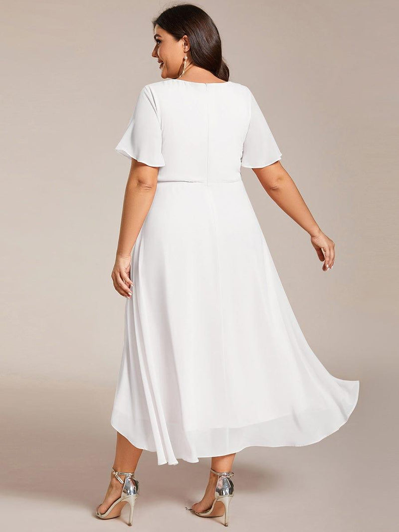 ever LARK|Ruffles Sleeve Pleated V-Neck A-Line Midi Chiffon Wedding Guest Dress