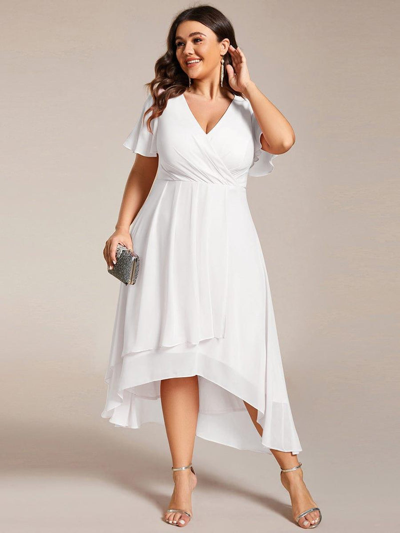 ever LARK|Ruffles Sleeve Pleated V-Neck A-Line Midi Chiffon Wedding Guest Dress