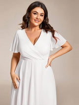 ever LARK|Ruffles Sleeve Pleated V-Neck A-Line Midi Chiffon Wedding Guest Dress