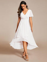 ever LARK|Ruffles Sleeve Pleated V-Neck A-Line Midi Chiffon Wedding Guest Dress