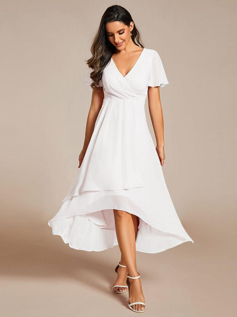 ever LARK|Ruffles Sleeve Pleated V-Neck A-Line Midi Chiffon Wedding Guest Dress