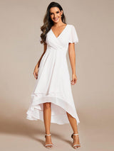 ever LARK|Ruffles Sleeve Pleated V-Neck A-Line Midi Chiffon Wedding Guest Dress