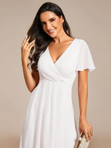 ever LARK|Ruffles Sleeve Pleated V-Neck A-Line Midi Chiffon Wedding Guest Dress