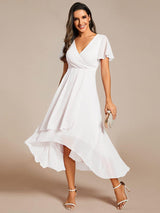 ever LARK|Ruffles Sleeve Pleated V-Neck A-Line Midi Chiffon Wedding Guest Dress