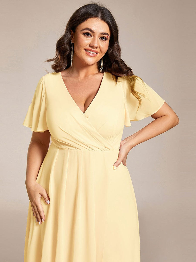 ever LARK|Ruffles Sleeve Pleated V-Neck A-Line Midi Chiffon Wedding Guest Dress