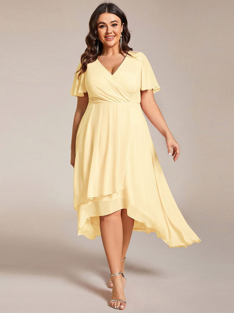 ever LARK|Ruffles Sleeve Pleated V-Neck A-Line Midi Chiffon Wedding Guest Dress