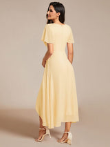 ever LARK|Ruffles Sleeve Pleated V-Neck A-Line Midi Chiffon Wedding Guest Dress