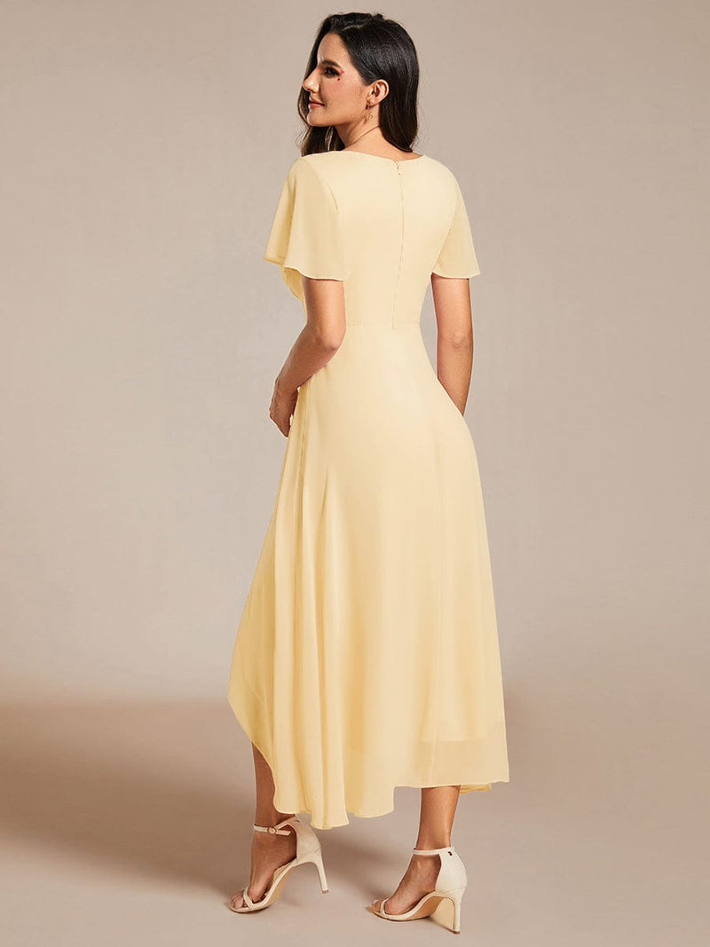 ever LARK|Ruffles Sleeve Pleated V-Neck A-Line Midi Chiffon Wedding Guest Dress
