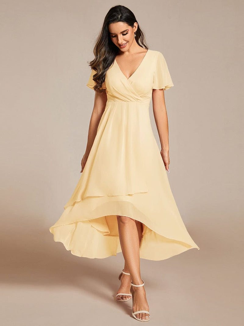 ever LARK|Ruffles Sleeve Pleated V-Neck A-Line Midi Chiffon Wedding Guest Dress