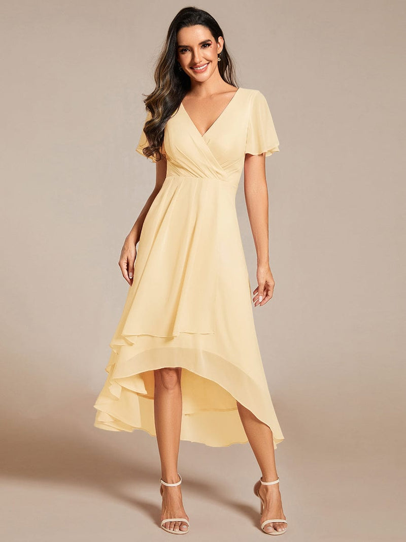 ever LARK|Ruffles Sleeve Pleated V-Neck A-Line Midi Chiffon Wedding Guest Dress