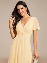 ever LARK|Ruffles Sleeve Pleated V-Neck A-Line Midi Chiffon Wedding Guest Dress