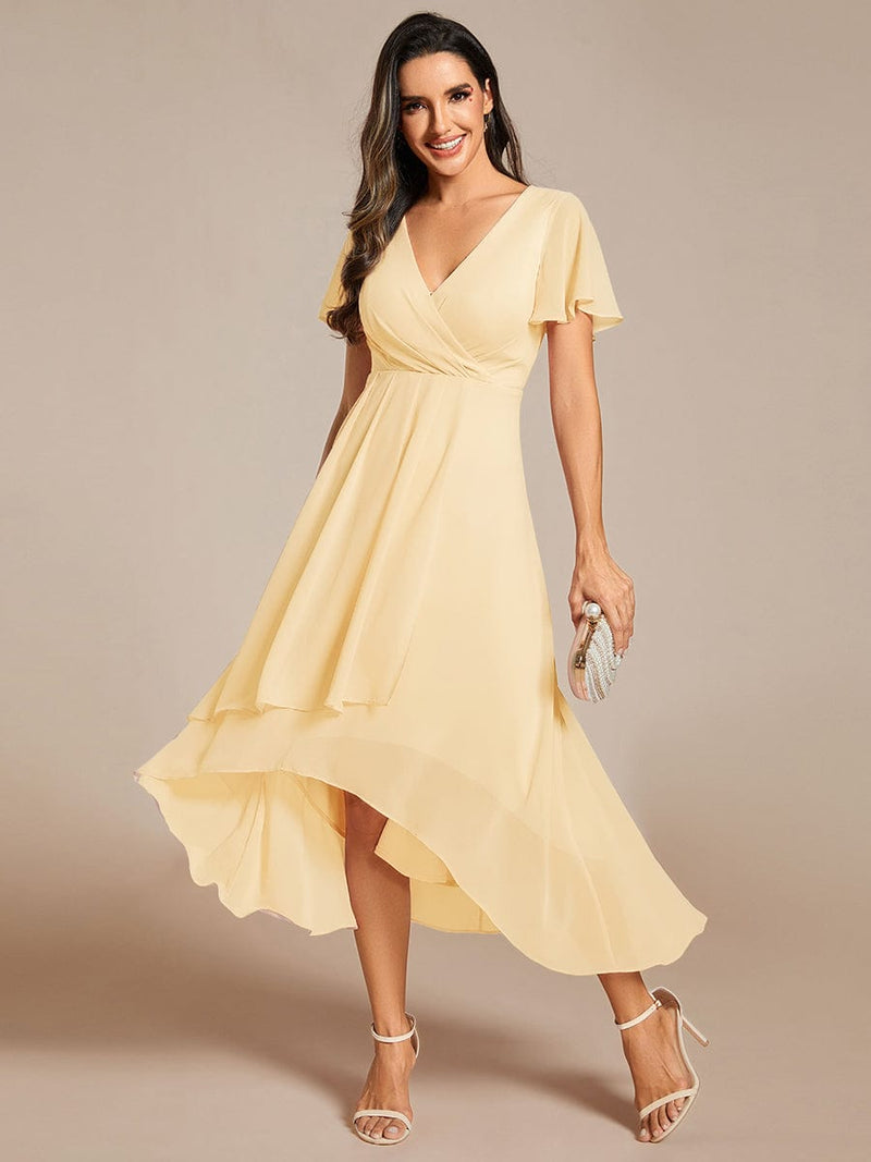 ever LARK|Ruffles Sleeve Pleated V-Neck A-Line Midi Chiffon Wedding Guest Dress