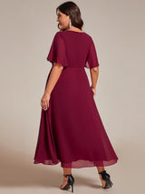 ever DAHLIA|Short Sleeves V-Neck Tea Length Wedding Guest Dress with Floral Applique