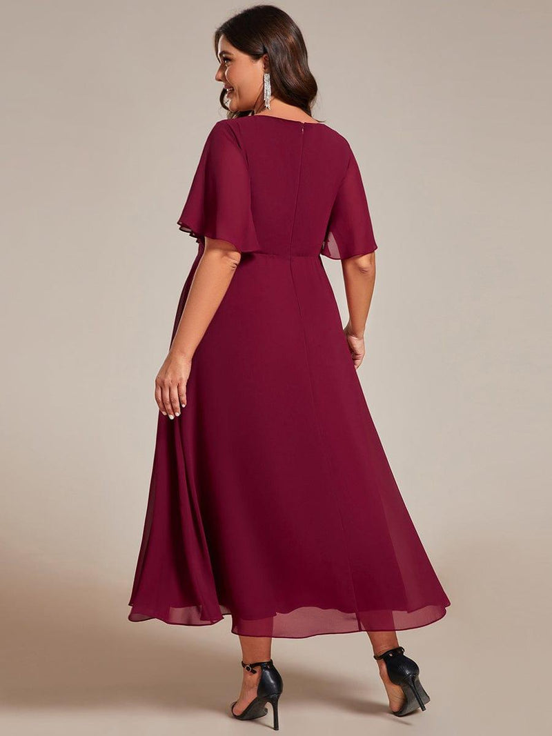 ever DAHLIA|Short Sleeves V-Neck Tea Length Wedding Guest Dress with Floral Applique