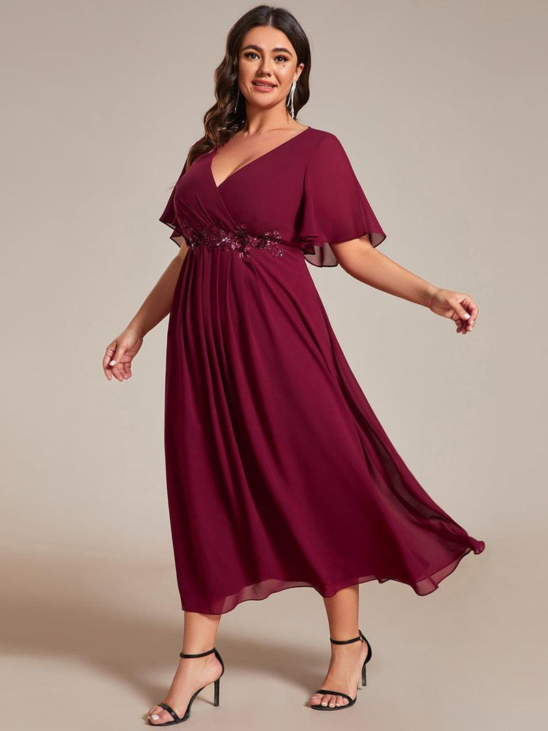 ever DAHLIA|Short Sleeves V-Neck Tea Length Wedding Guest Dress with Floral Applique
