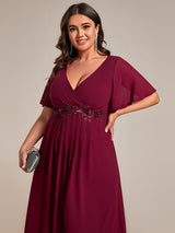 ever DAHLIA|Short Sleeves V-Neck Tea Length Wedding Guest Dress with Floral Applique