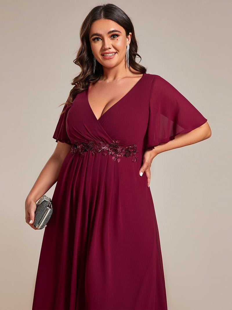 ever DAHLIA|Short Sleeves V-Neck Tea Length Wedding Guest Dress with Floral Applique