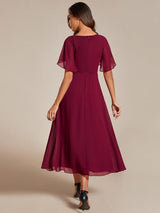 ever DAHLIA|Short Sleeves V-Neck Tea Length Wedding Guest Dress with Floral Applique