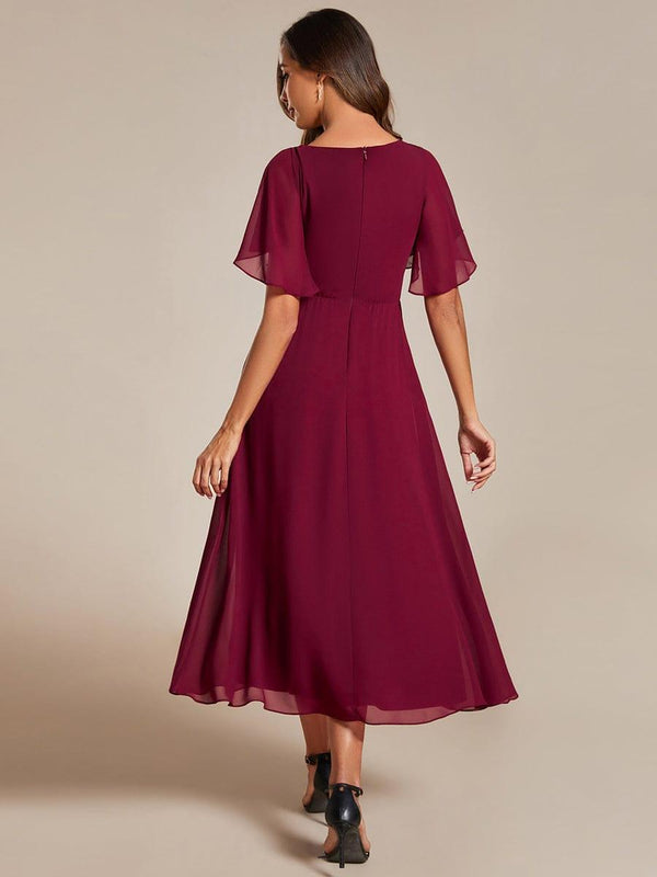 ever DAHLIA|Short Sleeves V-Neck Tea Length Wedding Guest Dress with Floral Applique